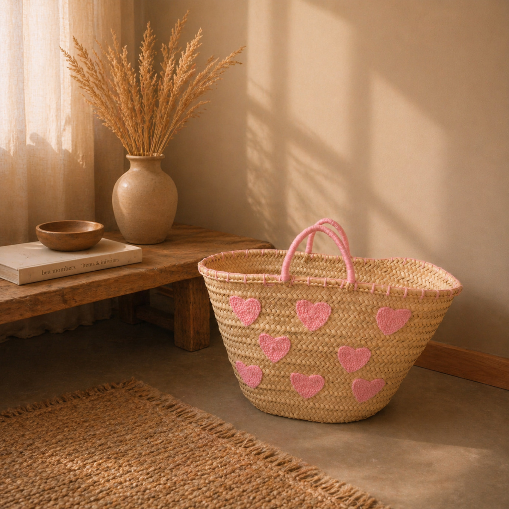 Panier Cœurs brodés - Rose