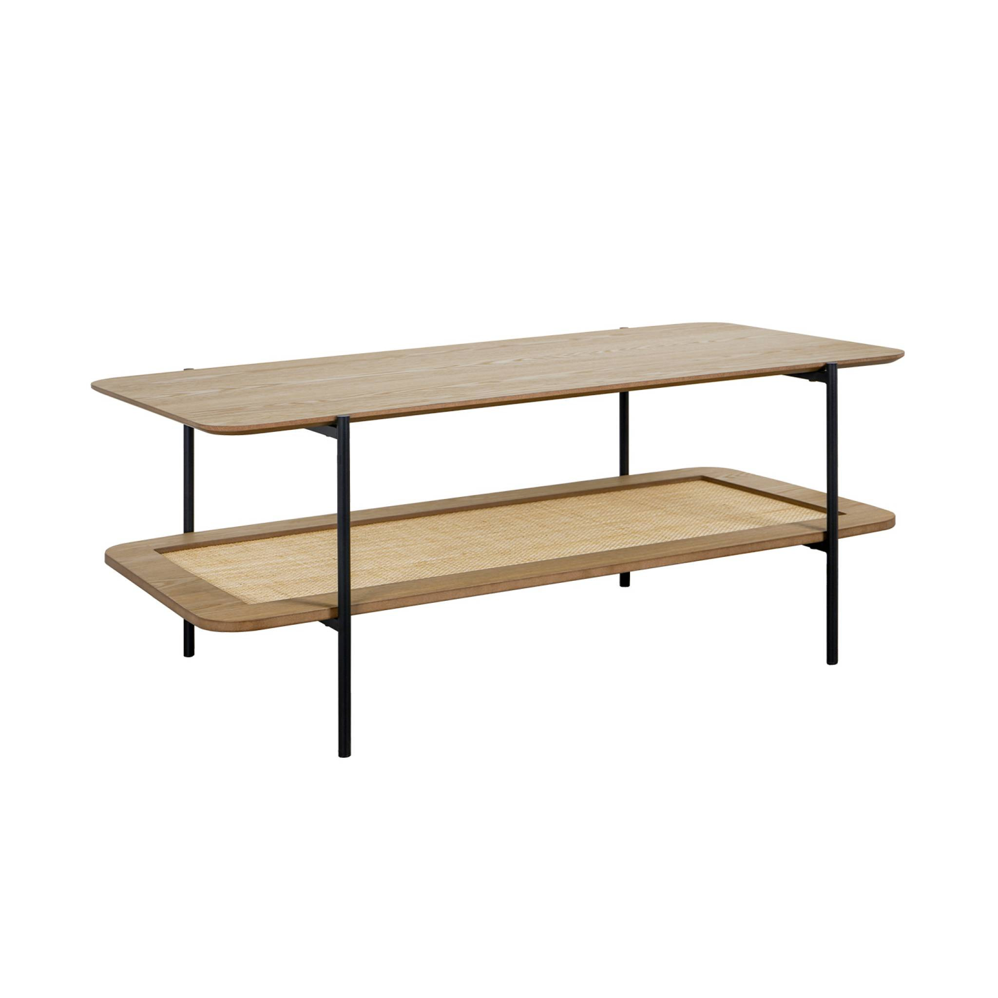 Table basse vintage 110 cm coloris naturel. double plateaux effet bois et cannage. piètement et structure en métal noir