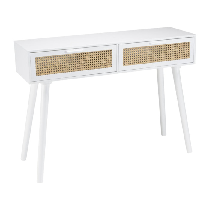 SANDRO - Console blanche 2 tiroirs cannage naturel