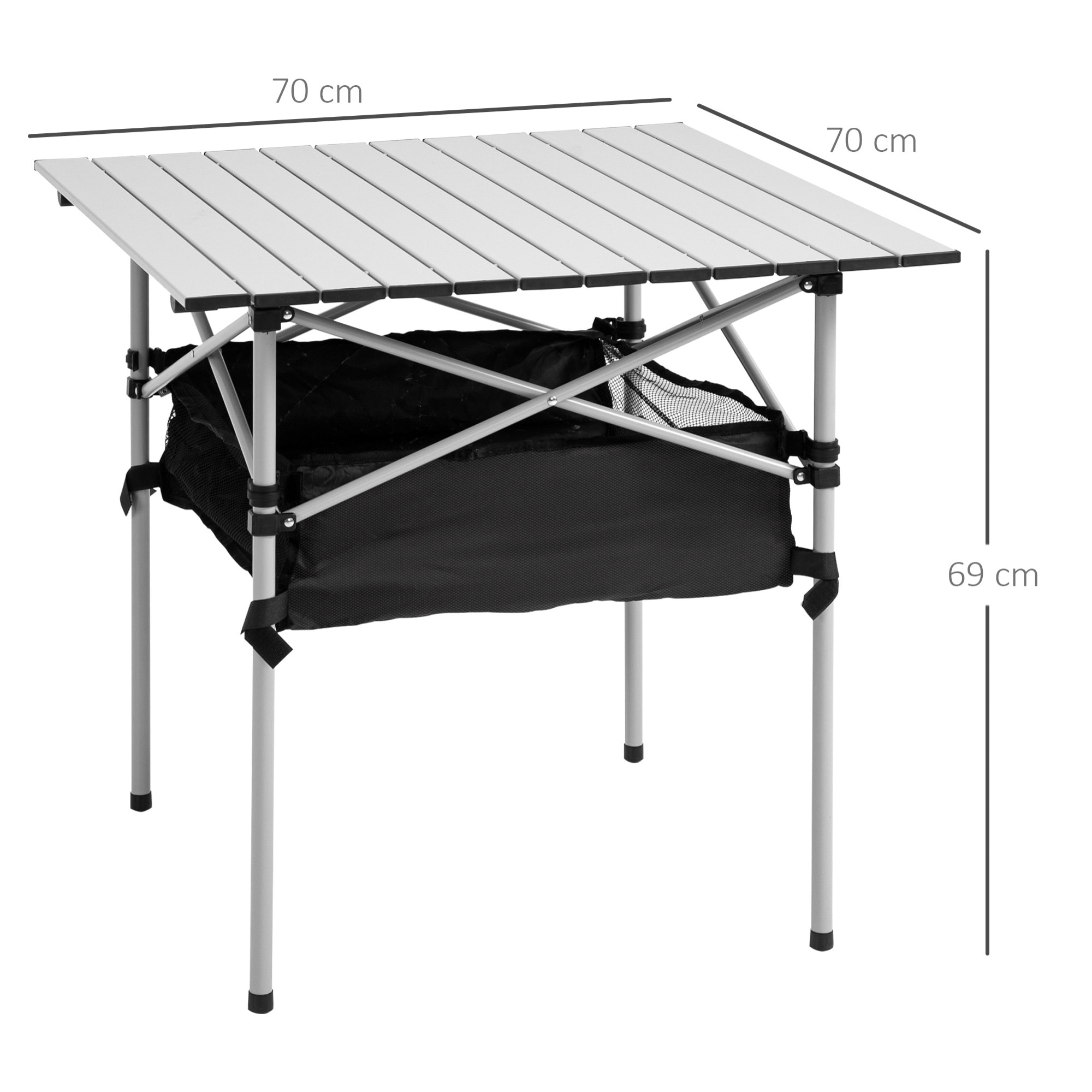 Mesa de Camping Plegable Mesa Plegable Portátil Multifuncional con Espacio Almacenaje de Malla y Bolsa de Transporte para Jardín Balcón Patio Exterior 70x70x69 cm Plata