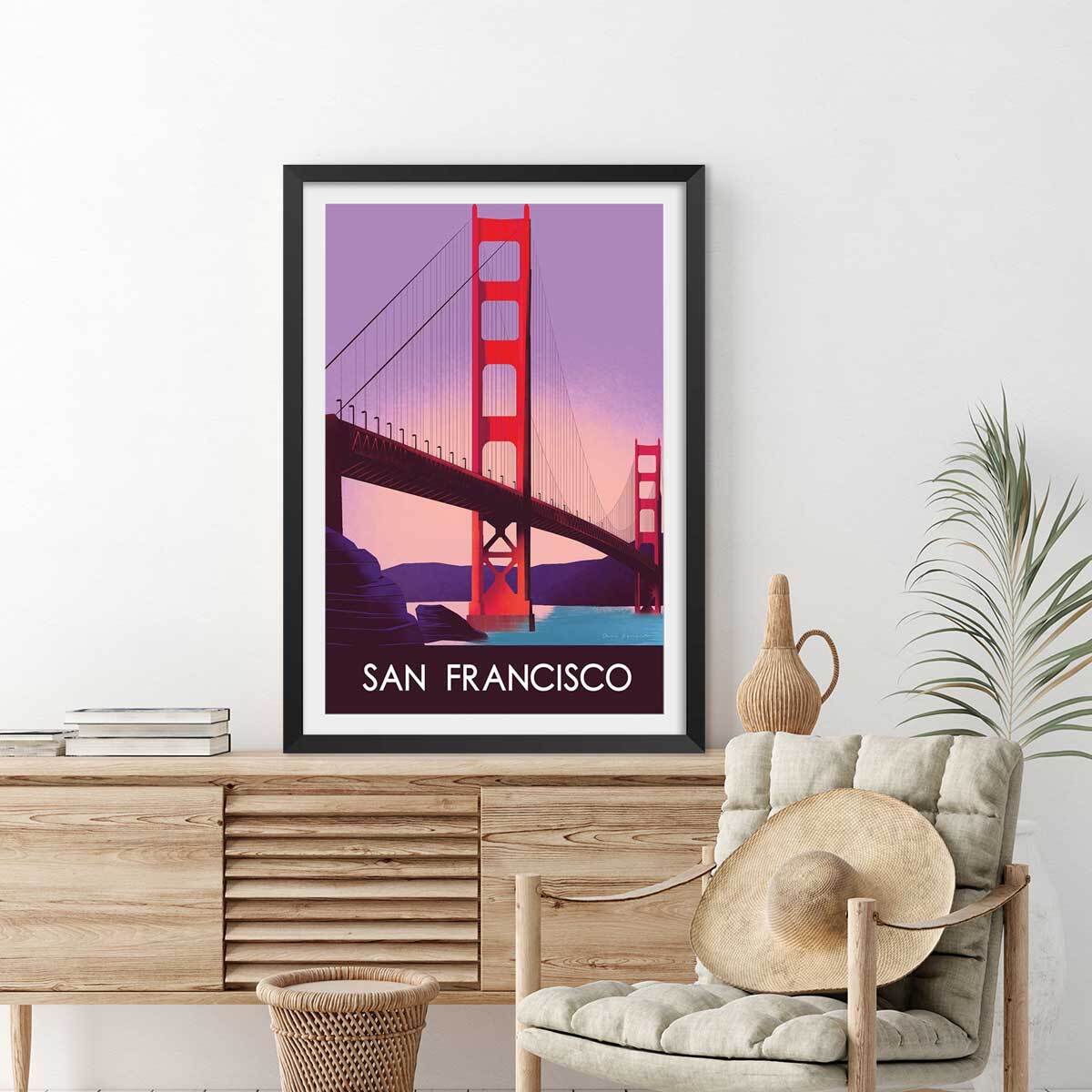 Affiche ville Le pont de San Francisco Affiche + cadre en bois - Noir