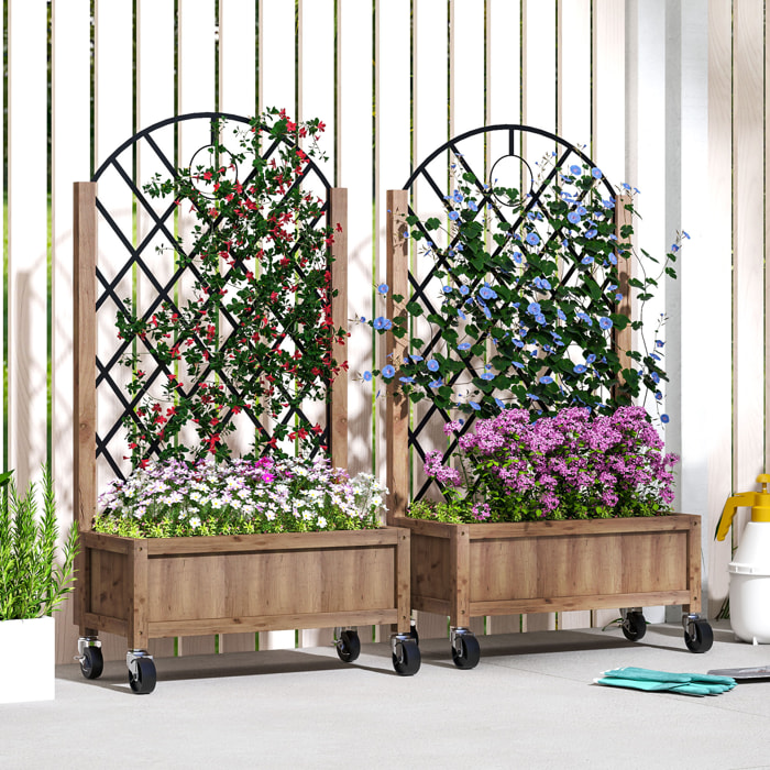 Juego de 2 Jardineras de Exterior Jardineras con Enrejado Metálico para Plantas Trepadoras Maceteros con Ruedas para Jardín Patio 52x25x97 cm Natural