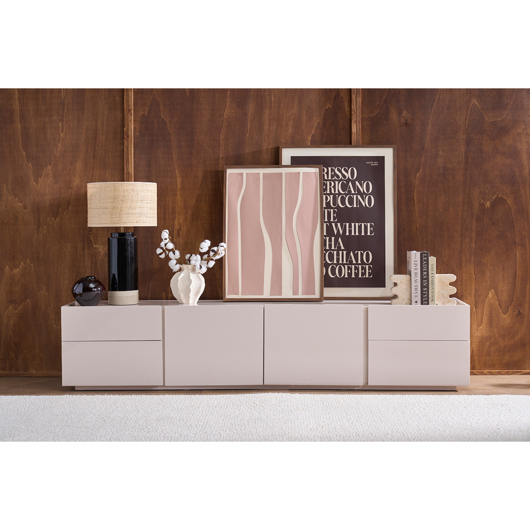 Meuble TV design noir laqué brillant avec rangements L200 cm ISAURE