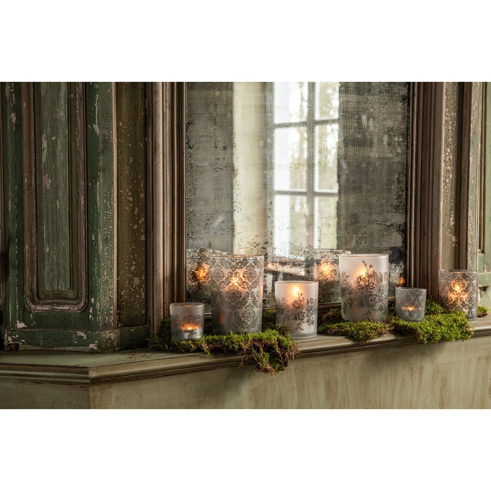 J-Line photophore fleurs - verre - vert kaki - large - assortiment de 2
