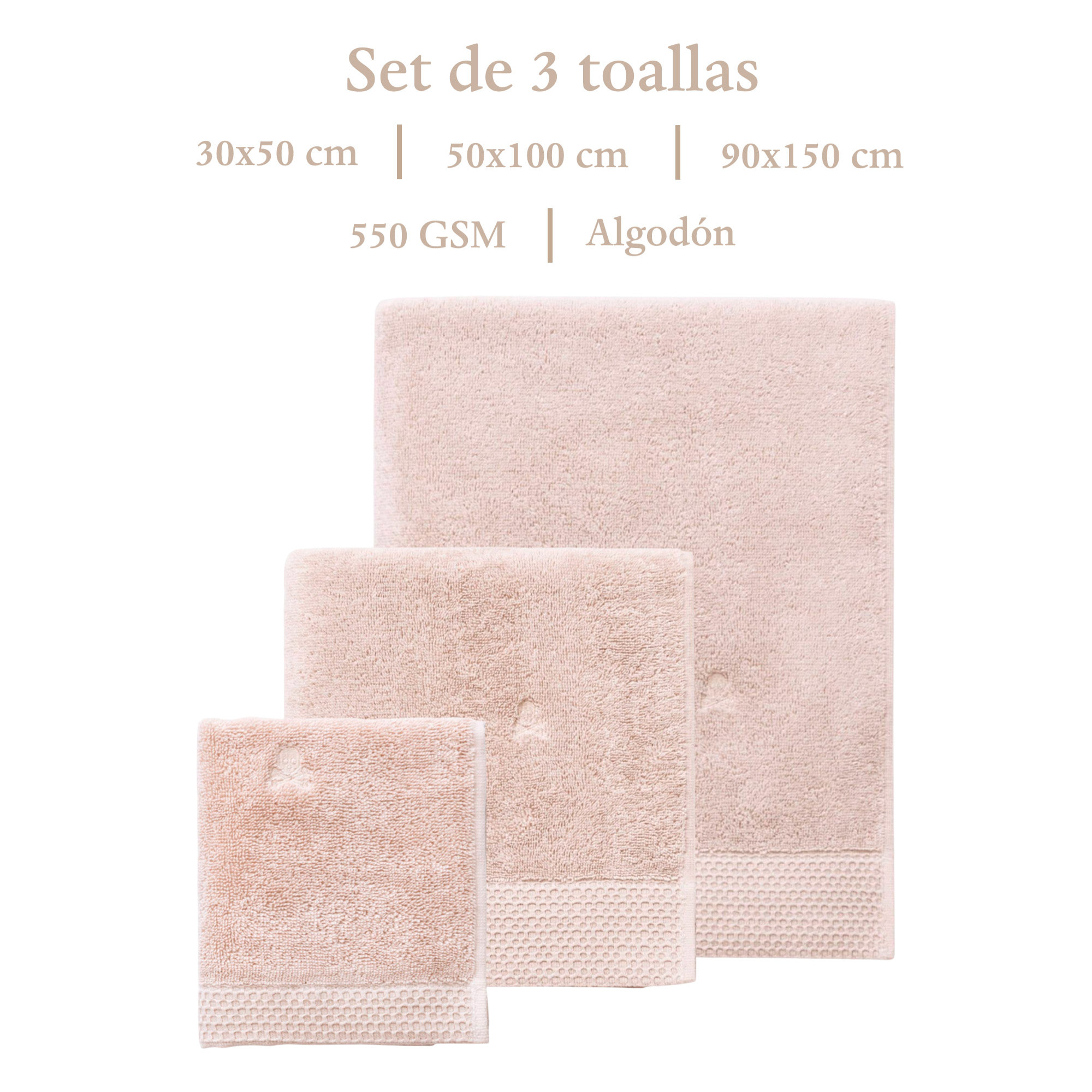 Juego de toallas nidus (30x50cm + 50x100cm + 90x150cm) 100% algodón en color crema con logo bordado scalpers home