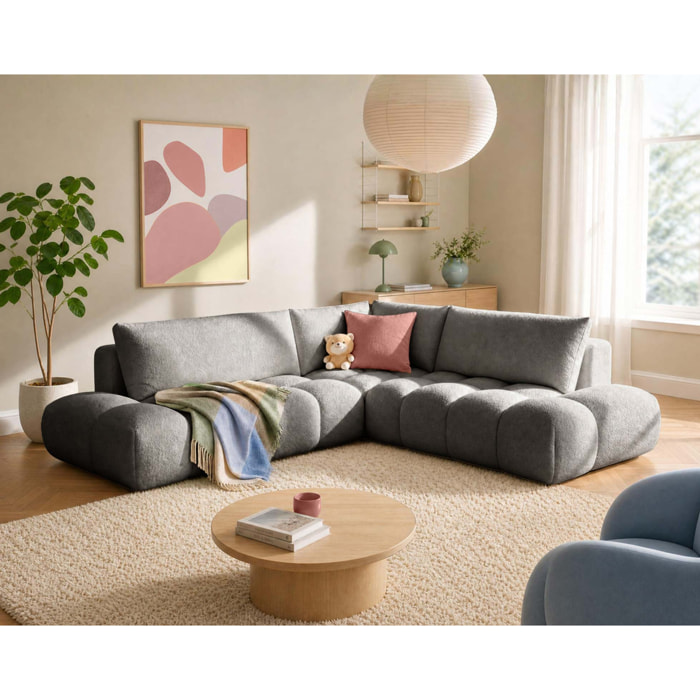 Yulin - Canapé d'angle L 5 places convertible avec coffre en tissu bouclette - Gris