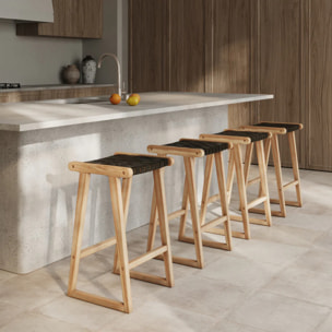 Tabouret pour îlot central 65 cm en teck et cuir tressé noir - Yuma