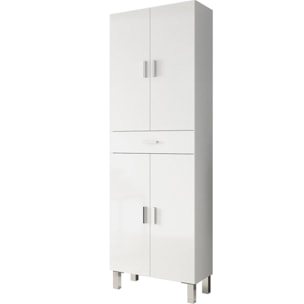 Armadio multiuso Oxnard, Mobile per bagno o lavanderia a 4 ante e 1 cassetto, Armadio multiuso portascarpe, cm 60x29h182, Bianco lucido