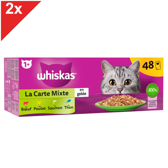 WHISKAS 96 Sachets fraîcheur en gelée 4 variétés mixtes pour chat 85g (2x48)