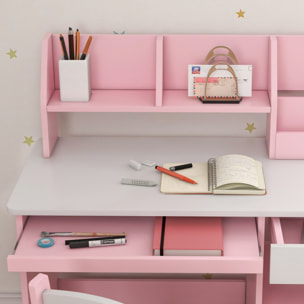 Bureau enfant multi-rangement - ensemble bureau, chaise, étagère - tiroir, plateau coulissant, 2 niches, 2 étagères, 2 présentoirs livres - rose