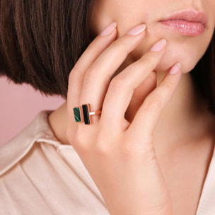 Anello Contrarié con Pietre Naturali Rettangolari Onice Nero e Malachite Verde