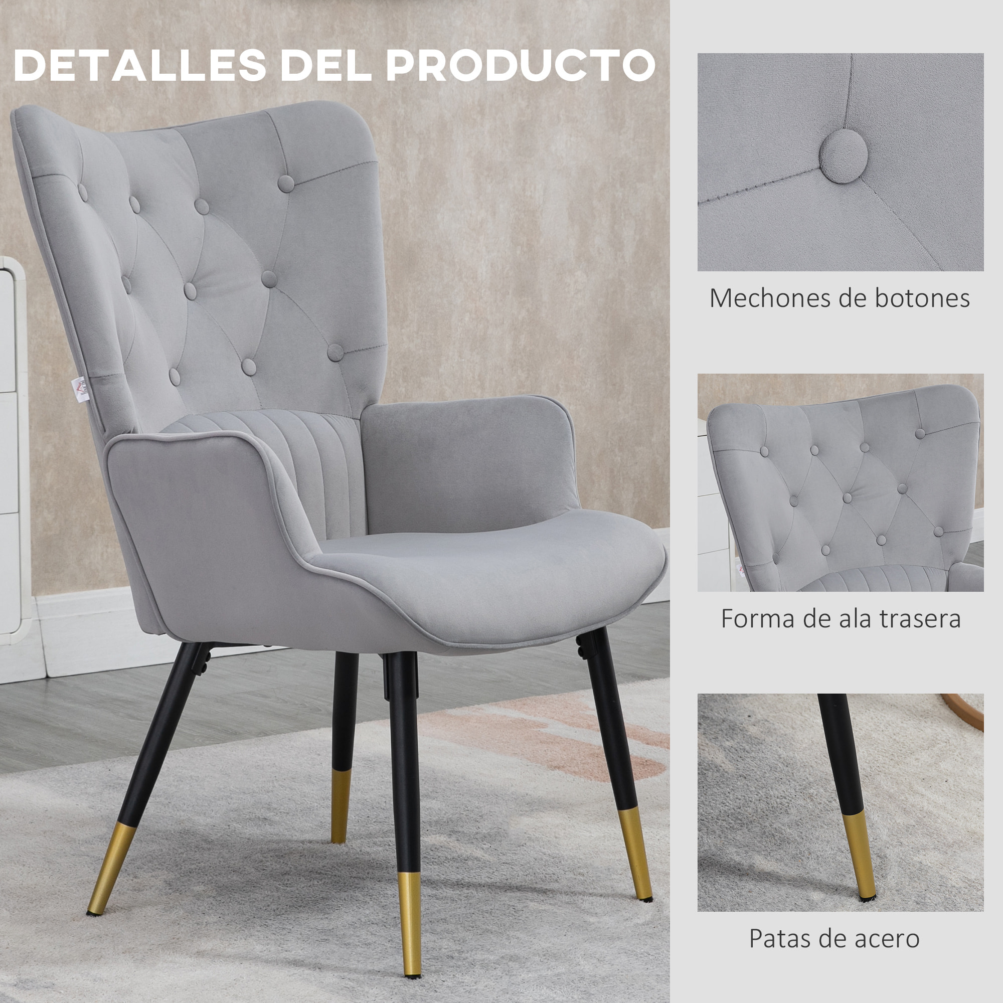 Sillón Individual Sillón Orejero Butaca de Salón Tapizado en Terciopelo con Respaldo Alto Reposabrazos y Patas de Acero Estilo Moderno 68x72x103 cm Gris