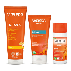 WELEDA - Trio Fraîcheur - Gel Douche Sport + Roller Arnica + Gel Cryo Arnica - Vegan* - Certifié Natrue** - Tube 200ml + Roll-on 75ml + Tube 100ml