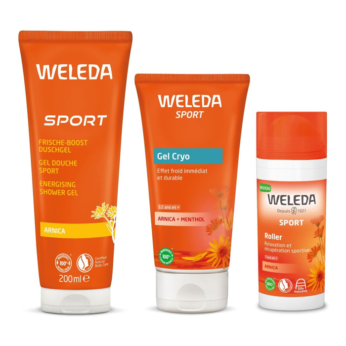 WELEDA - Trio Fraîcheur - Gel Douche Sport + Roller Arnica + Gel Cryo Arnica - Vegan* - Certifié Natrue** - Tube 200ml + Roll-on 75ml + Tube 100ml