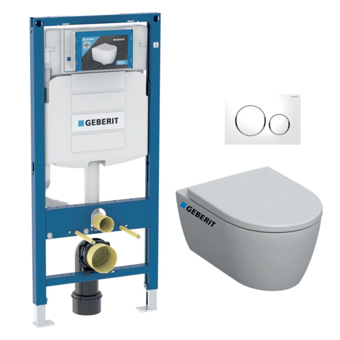 Pack WC Bati Geberit Duofix + Cuvette WC suspendu Rimfree + Plaque de commande Sigma20 Blanc chrome (GebiCon-C)
