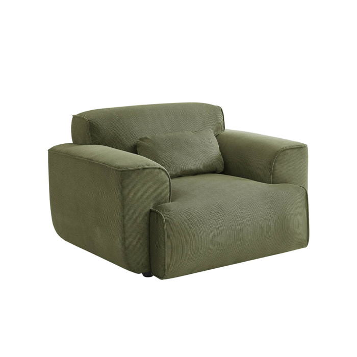 Fauteuil velours côtelé vert. lignes arrondies. coussin fourni. Wallas. L 116 x P 97 x H 73cm