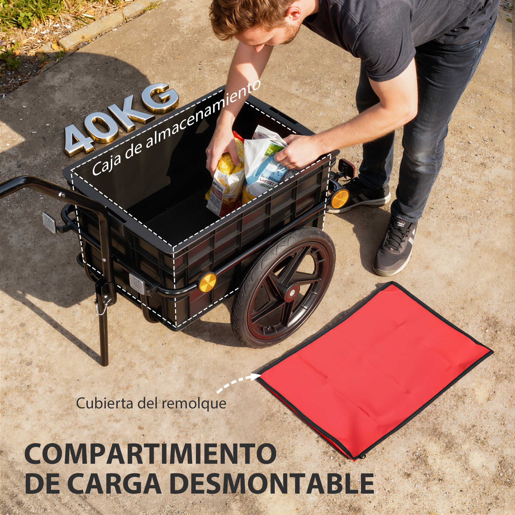 Remolque de Bicicleta para Carga 40 kg, Carro de Mano con Cubierta de Tela Oxford Impermeable, Reflectores, Marco de Acero y Asas para Transporte de Equipaje, 144x59x80 cm, Rojo y Negro