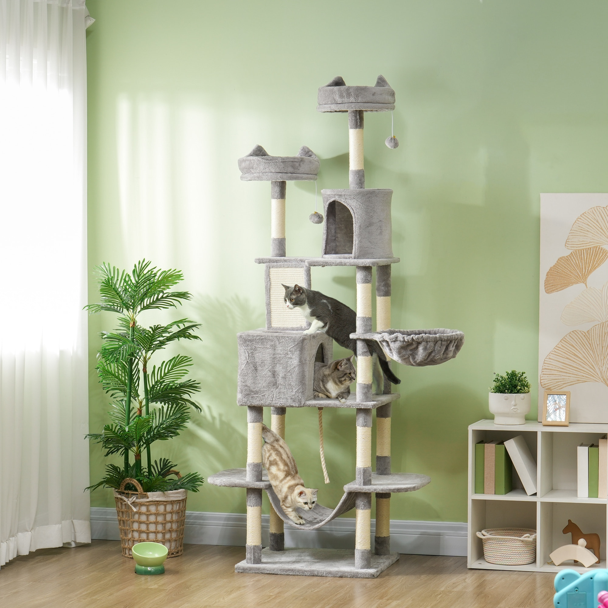 Árbol Rascador para Gatos Grande Altura 206 cm Árbol para Gatos Torre para Gatos con Plataformas Cuevas Bolas Colgantes y Hamacas Gris Claro