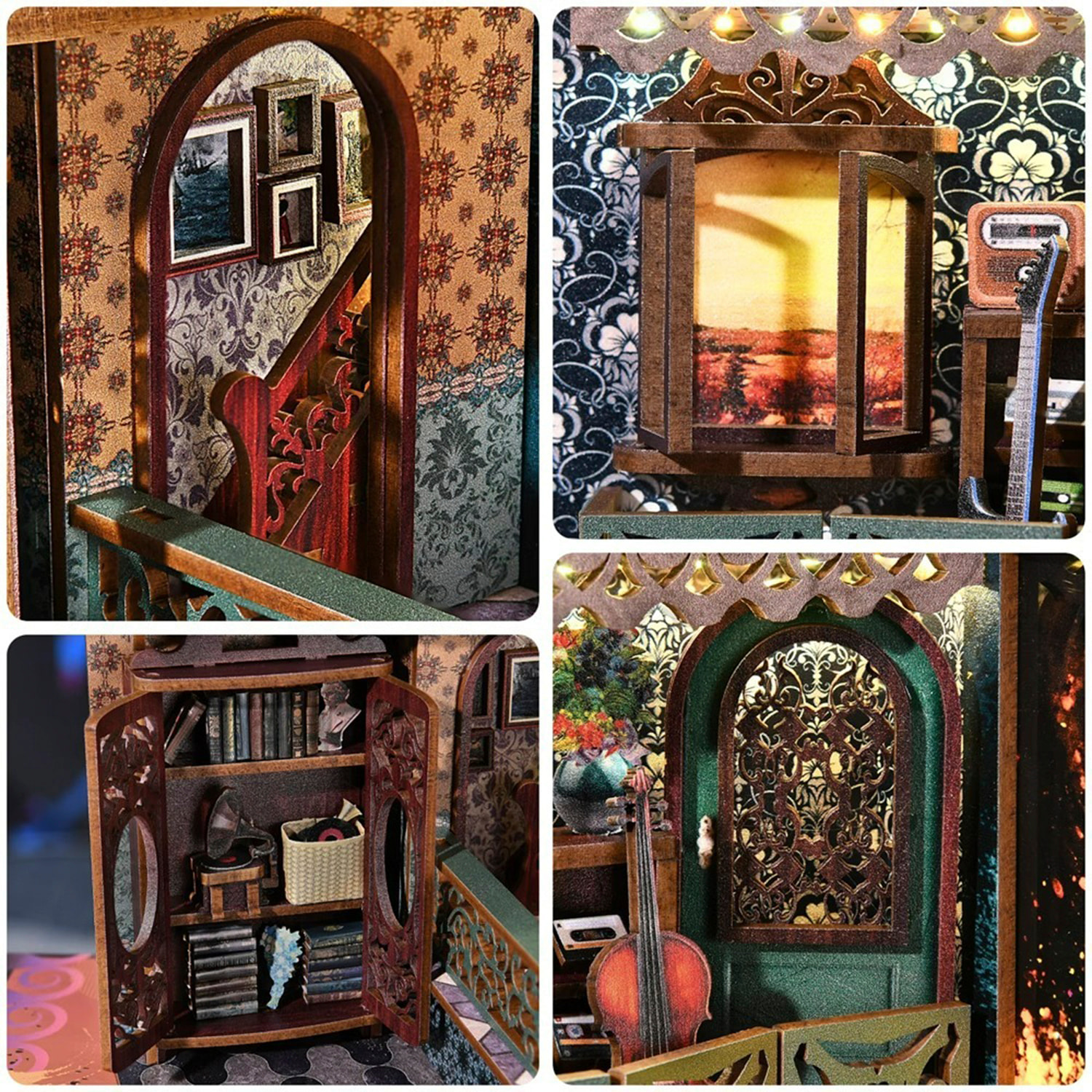 Esplosione di note. Book Nook in legno, design 3D realistico, cornice luminosa con sfondo intercambiabile.