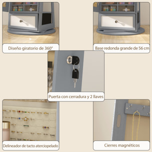 Espejo Joyero con Luces LED, Armario para Joyas, Armario Joyero con Espejo Entero, Giratorio de 360°, Cajón, Cerradura, Estantes Abiertos, Soporte para Secador, Gris Claro