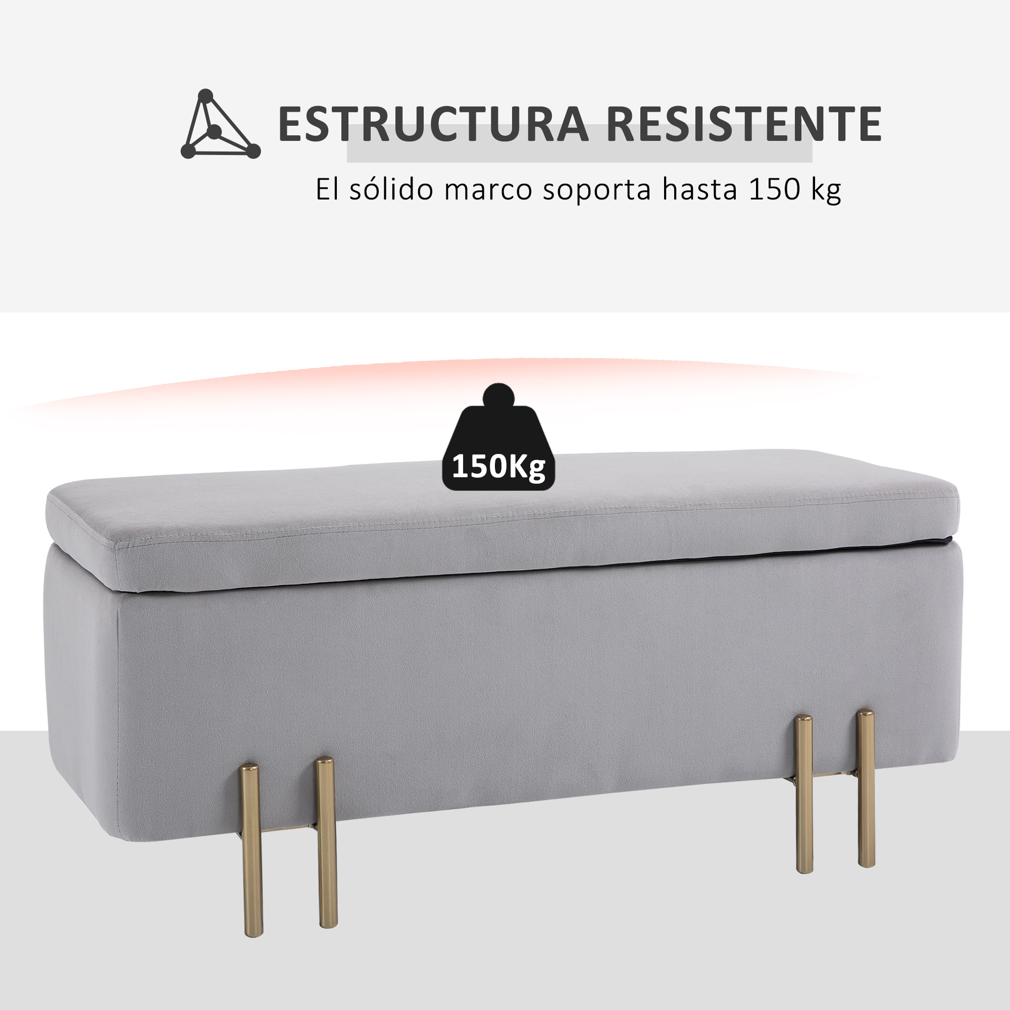 Baúl de Almacenaje para Dormitorio 70L Puff Almacenaje Tapizado en Terciopelo Banco de Almacenaje con Patas de Metal para Entrada Salón 100x40x42 cm Gris Claro