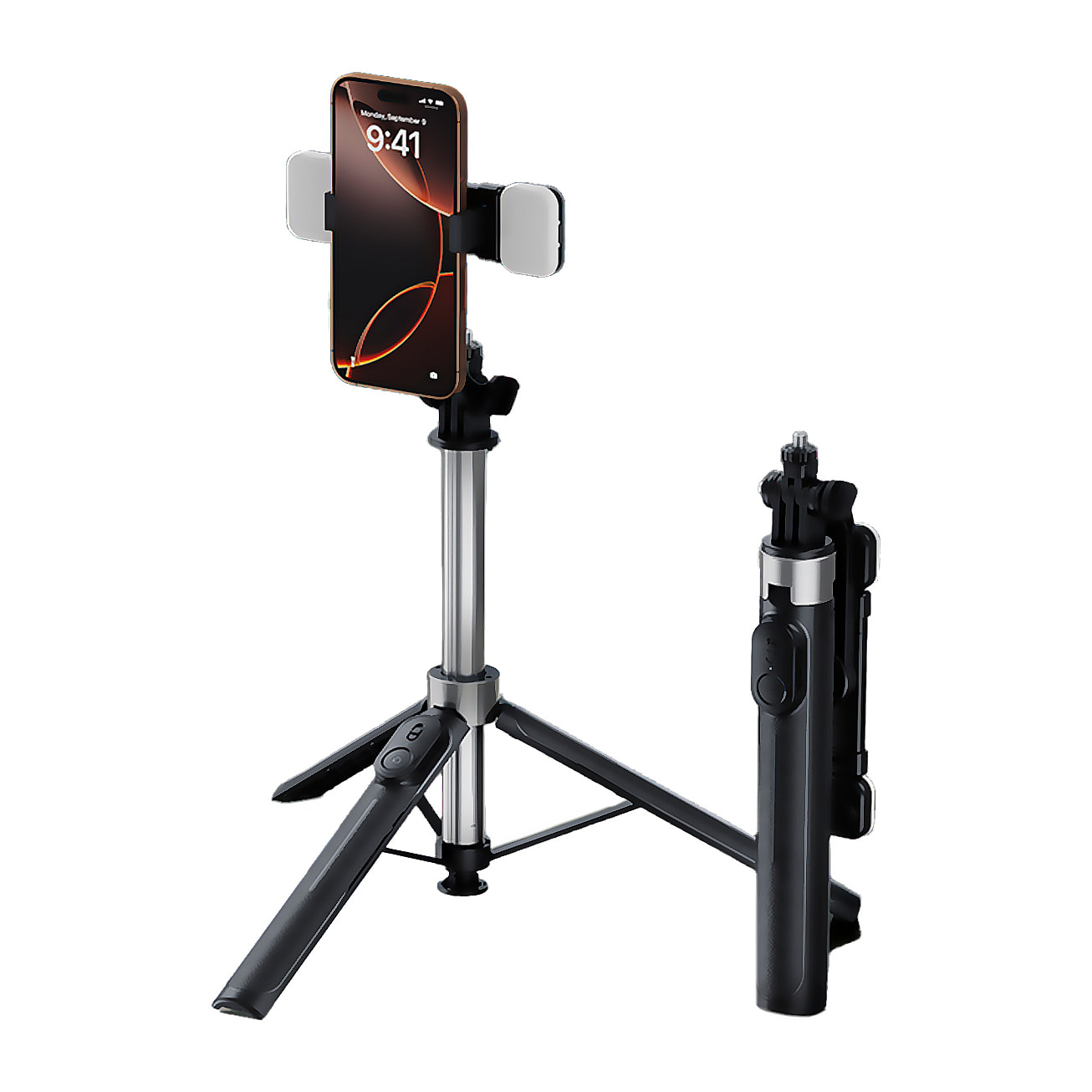 Bastone per selfie estensibile fino a 1,3 m con funzione treppiede e luce di riempimento integrata con 3 modalità colori. Include telecomando.