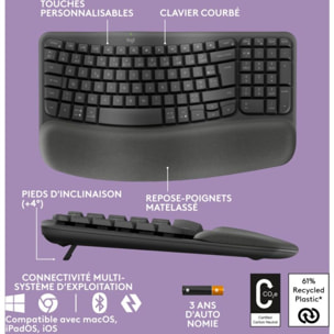 Clavier sans fil LOGITECH Wave Keys ergonomique +  repose poignets