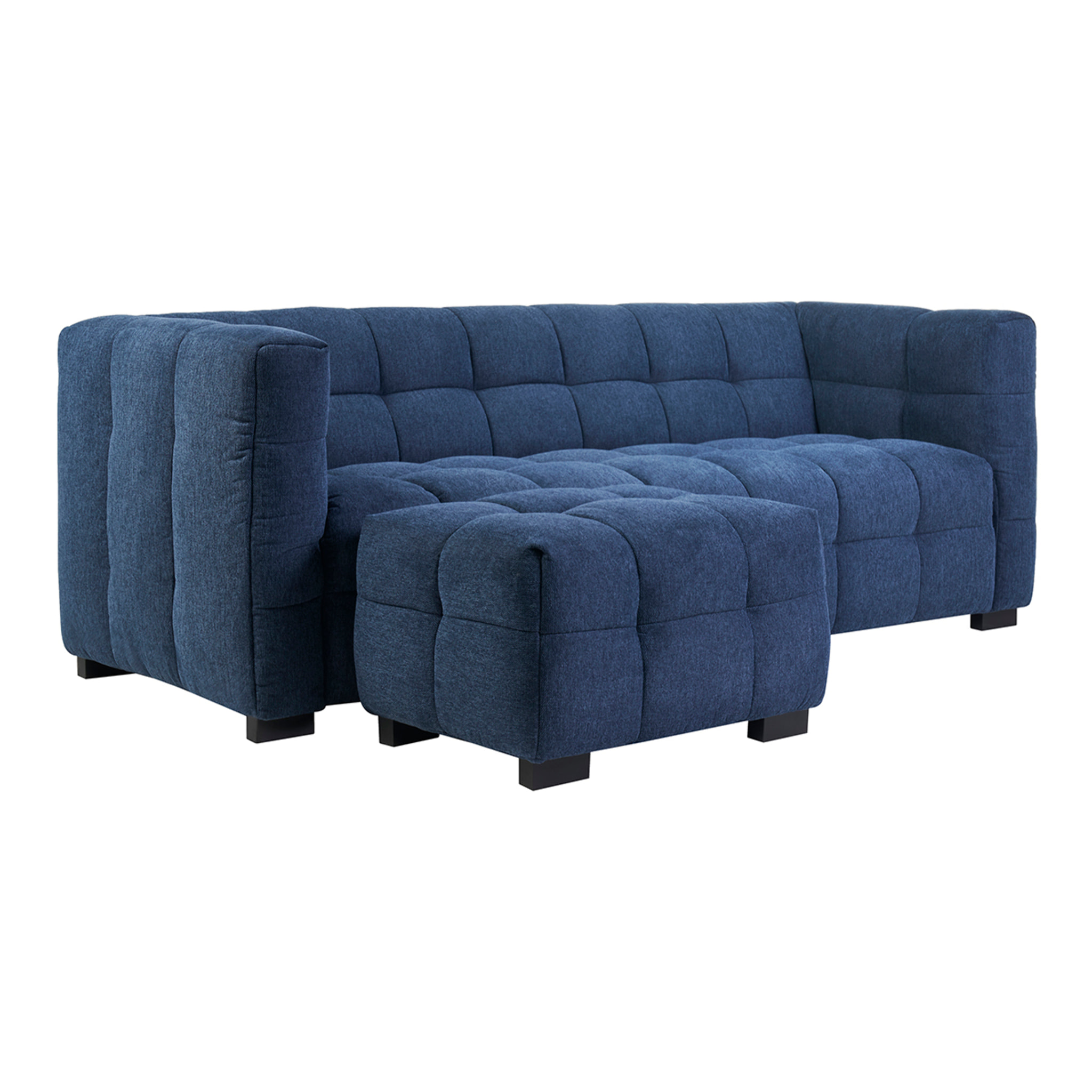 Canapé design 3 places et repose-pieds en tissu effet velours texturé bleu foncé CORTO