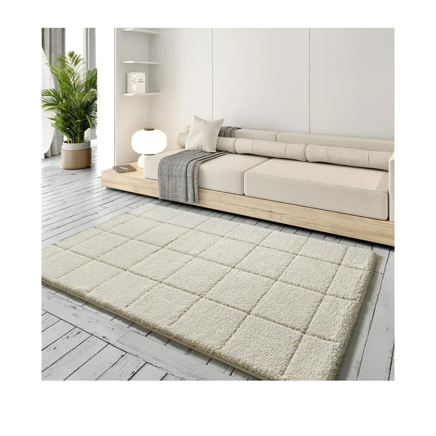 MOLIER Alfombra shaggy con formas abstractas en blanco, varias medidas disponibles.