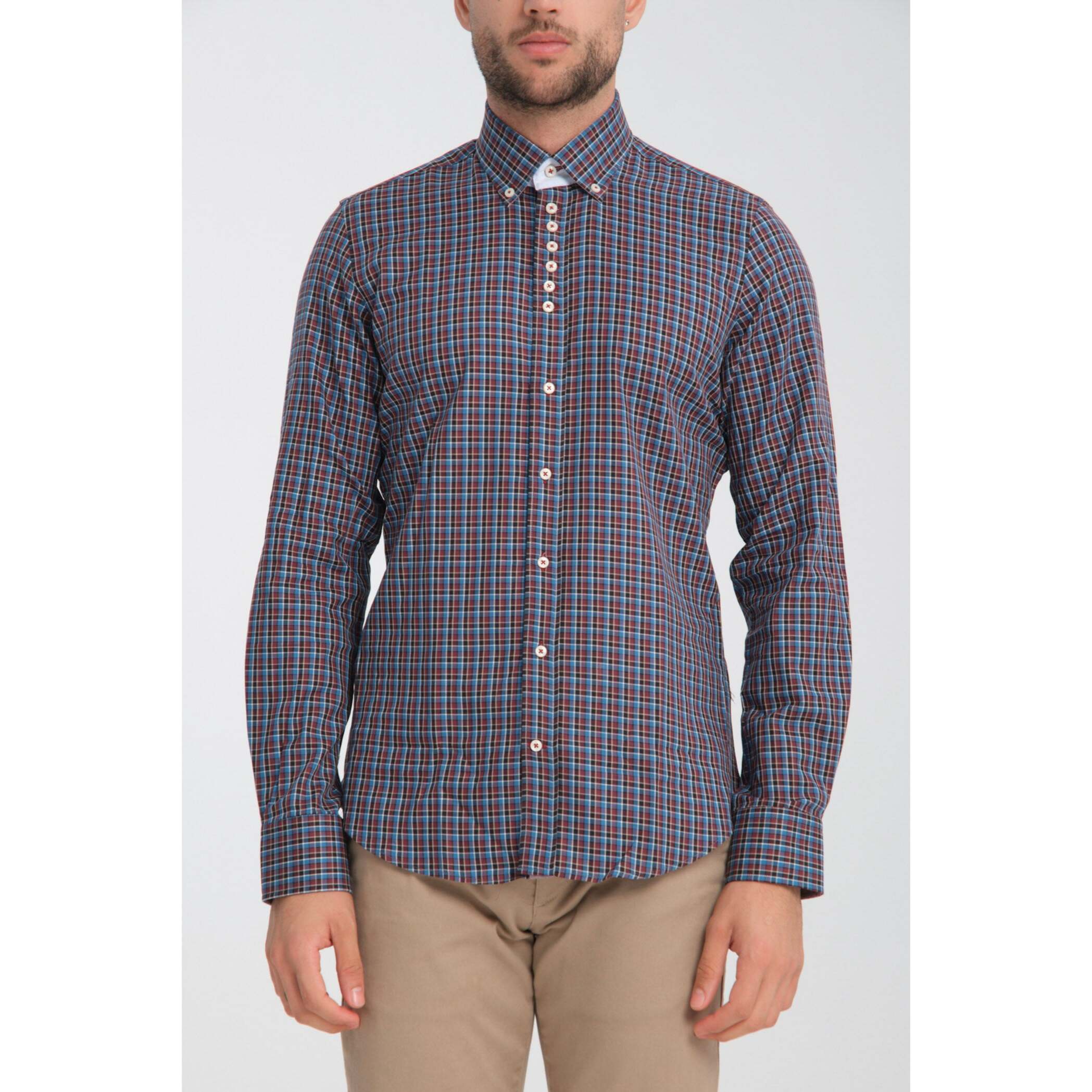 Camicia Uomo 1 Bottoni Button Down Slim Twill Quadro Medio Bordeaux e Blu Chiaro