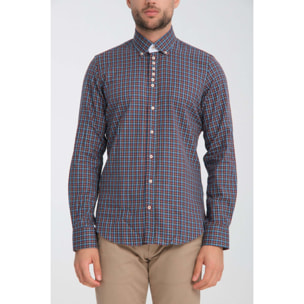 Camicia Uomo 1 Bottoni Button Down Slim Twill Quadro Medio Bordeaux e Blu Chiaro