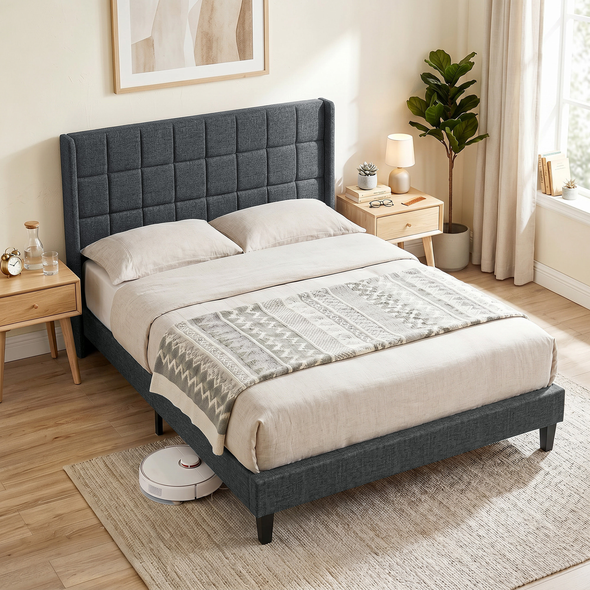 Cama Tapizada 135x190 cm con Cabecero Acolchado con Orejas y Almacenaje Inferior, Marco de Cama Doble con Somier de Lamas de Madera, Diseño Moderno, Fácil Montaje, Gris