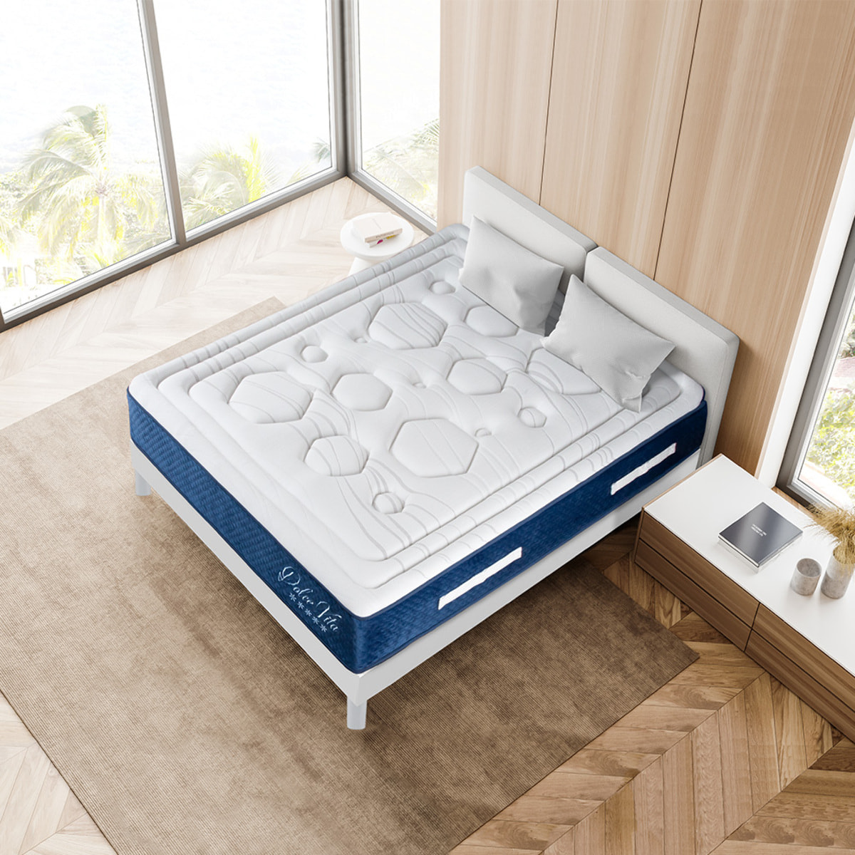 Ensemble DOLCE VITA Matelas Ressorts Ensachés + Mémoire - 28 cm + Sommier Kit Bois