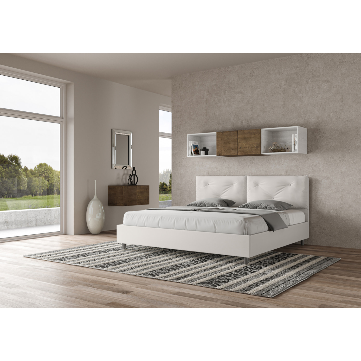 Cama matrimonial con somier acolchada 200x200 cuero sintético blanco Appia Large
