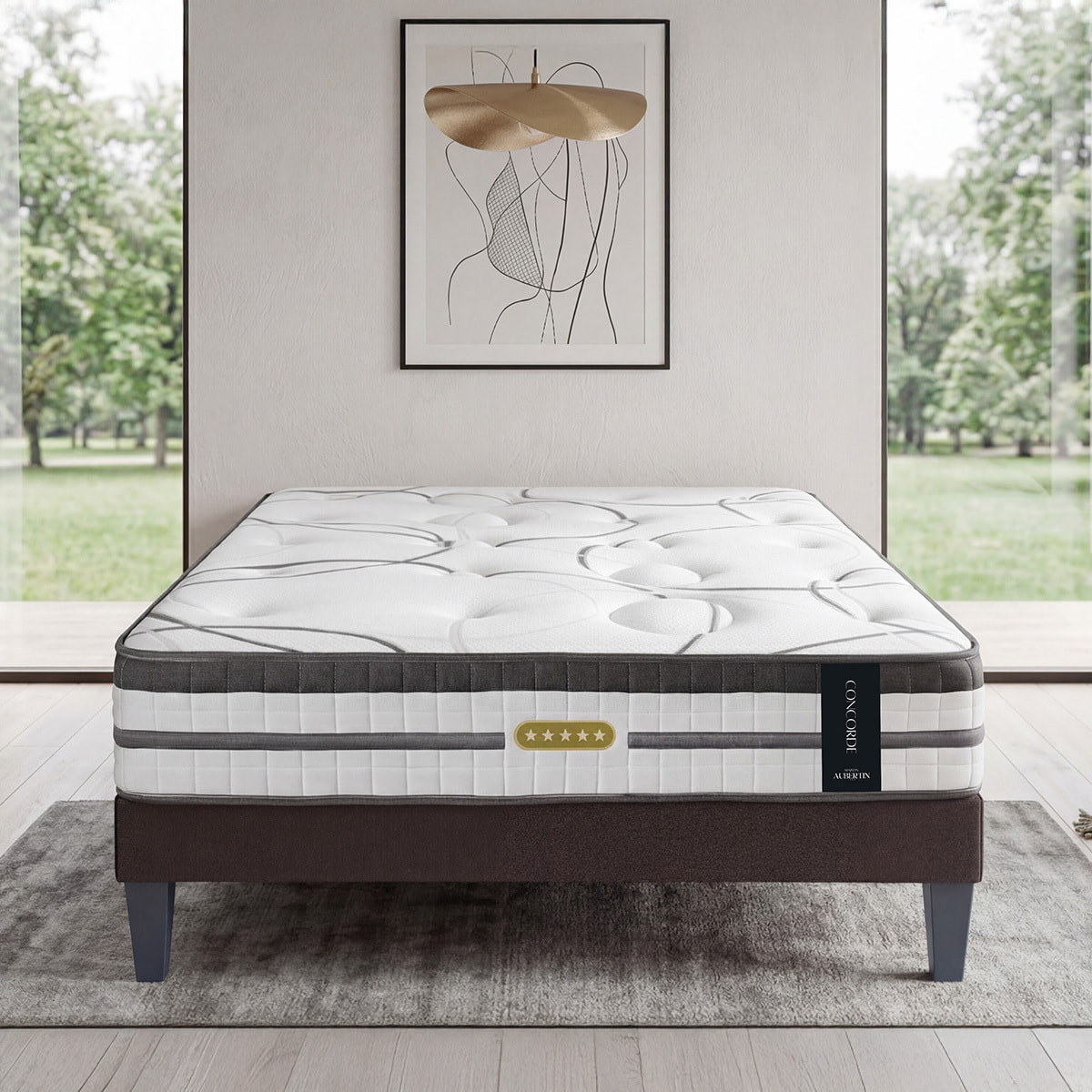 Ensemble Matelas Hybride Concorde & Sommier Bois, Ressorts Ensachés & Mémoire de Forme, 26 cm, Technologie Tri-lattes, Soutien Ferme
