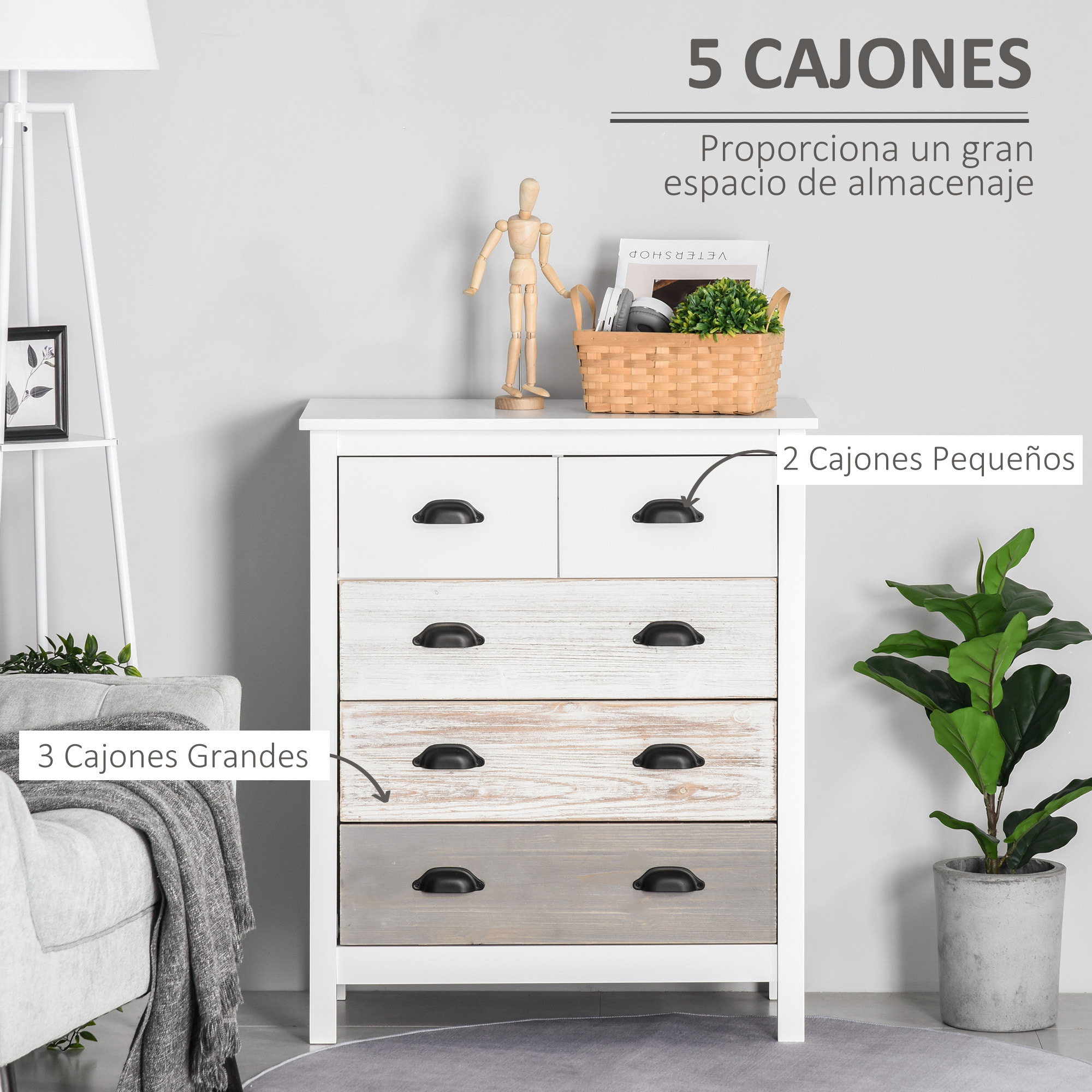 Cómoda con 5 Cajones Cómoda para Dormitorio Moderno con Diseño Anti-vuelco Cajonera para Salón Pasillo 70x38x85 cm Blanco