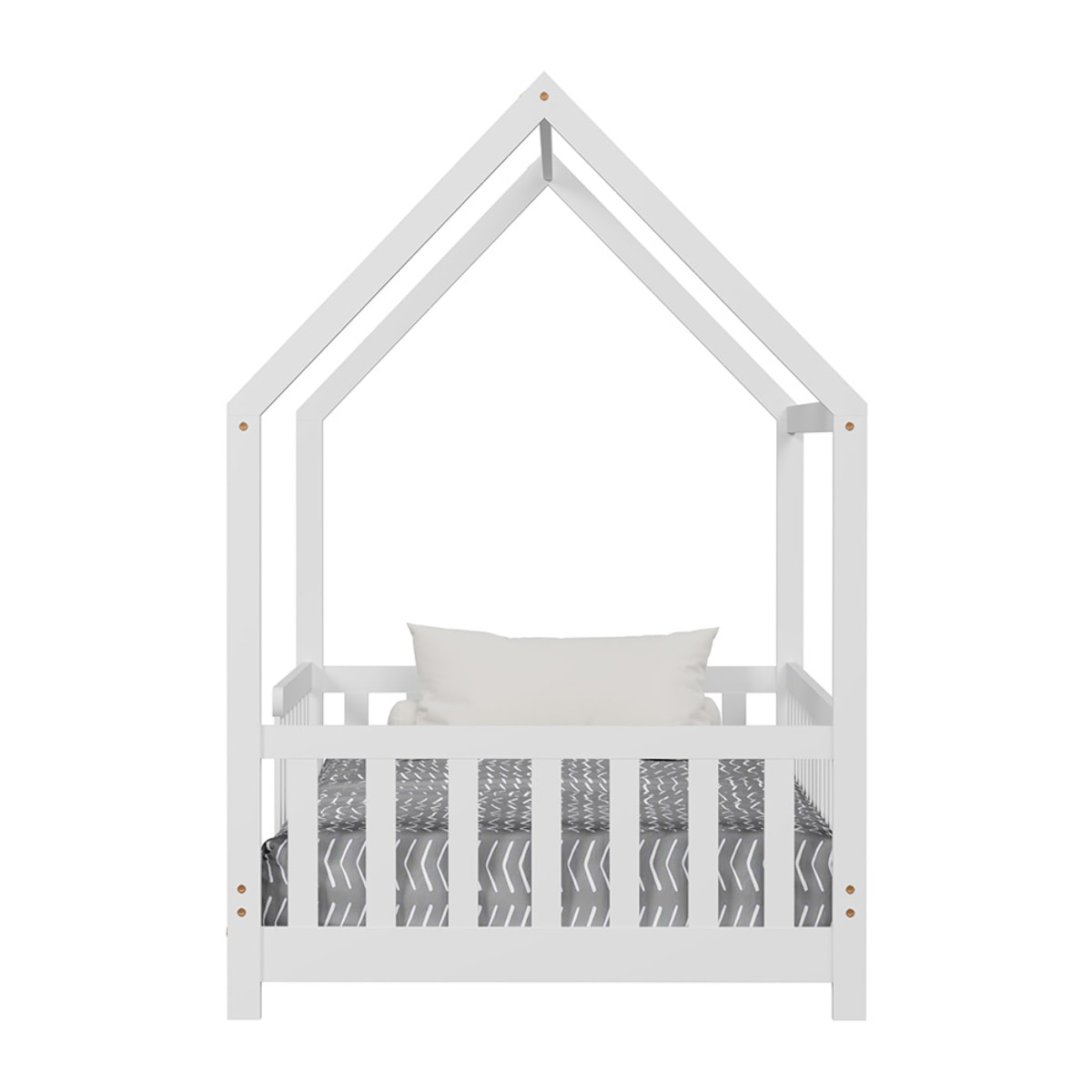 Lit Cabane Tchoupi 90 x 190 cm, Blanc, Bois de Pin Naturel, avec barrières latérales de sécurité