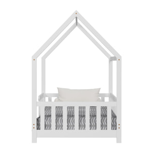 Lit Cabane Tchoupi 90 x 190 cm, Blanc, Bois de Pin Naturel, avec barrières latérales de sécurité