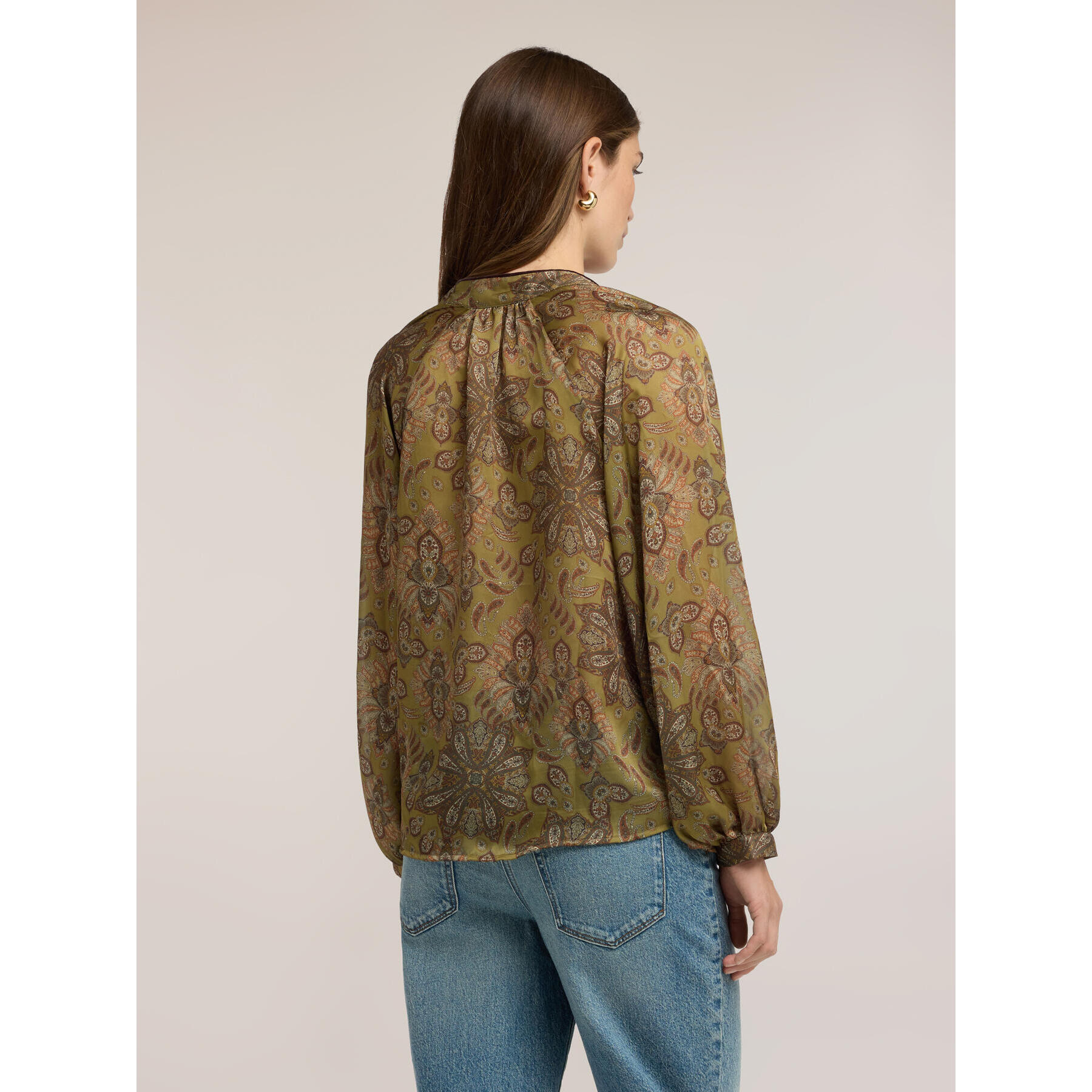 Motivi - Blusa in raso con stampa e maniche a palloncino - Verde militare