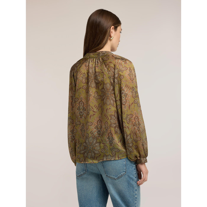 Motivi - Blusa in raso con stampa e maniche a palloncino - Verde militare