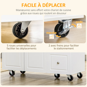 Desserte de cuisine multi rangement 3 tiroirs 2 portes avec étagère rack épices porte-torchons plateau rallonge hévéa MDF blanc