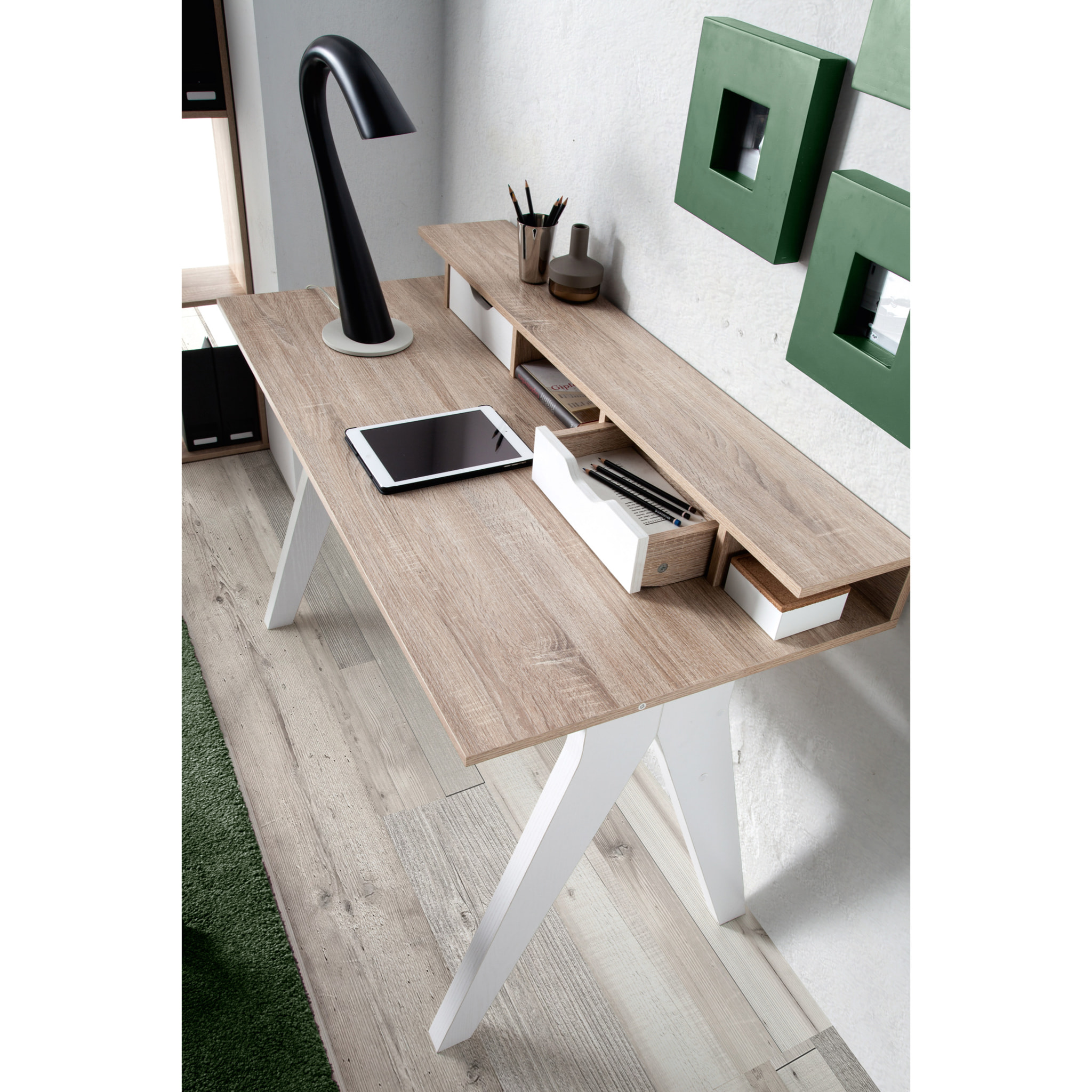 Escritorio en melamina Whitie roble y blanco 85x120x59 cm