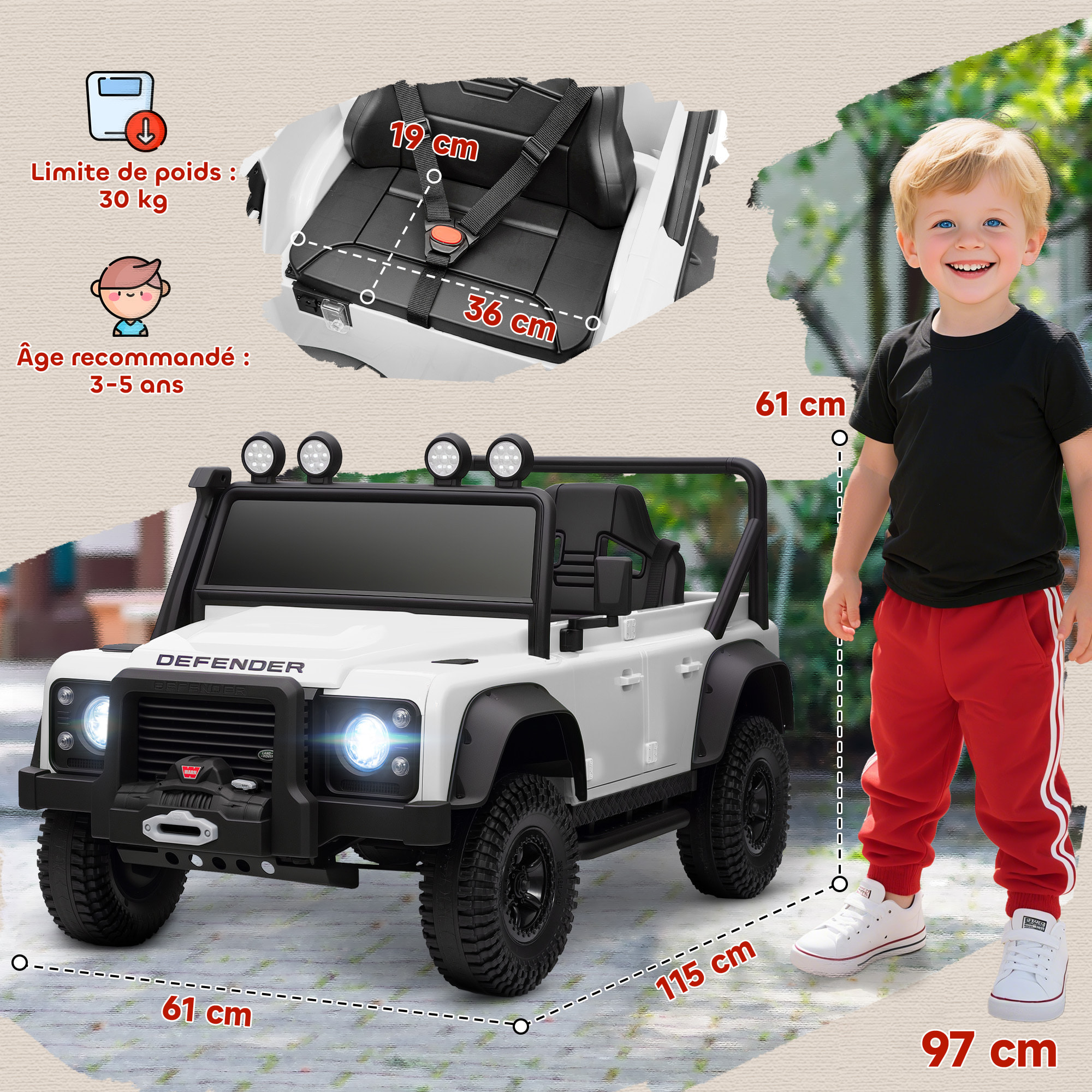 Voiture électrique enfant Land Rover Defender 110 SVX 12V 5Km/h max. télécommande blanc