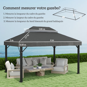 Toile de rechange barnum tonnelle 4 x 3 m - toit double avec œillets drainage - polyester haute densité 370 g/m² gris