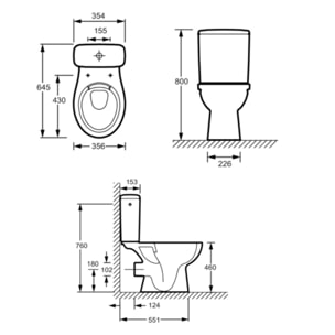 WC à poser sans bride surélevé PMR sortie horizontale Patio avec abattant