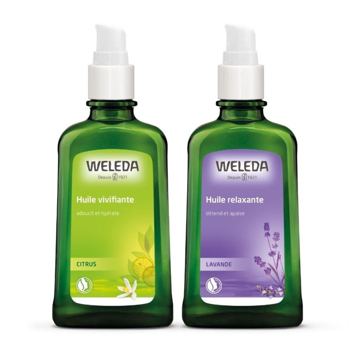 WELEDA - DUO rituel corps - Huile vivifiante au citrus + Huile relaxante à la lavande - Vegan*- Certifié Natrue**- Flacon pompe en verre 2*100ml