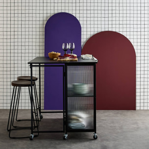 Desserte de cuisine noire extensible ALEXIS. rangements. table de bar. îlot de cuisine. 110 x 40/80 x 90 cm. avec étagères. roulettes