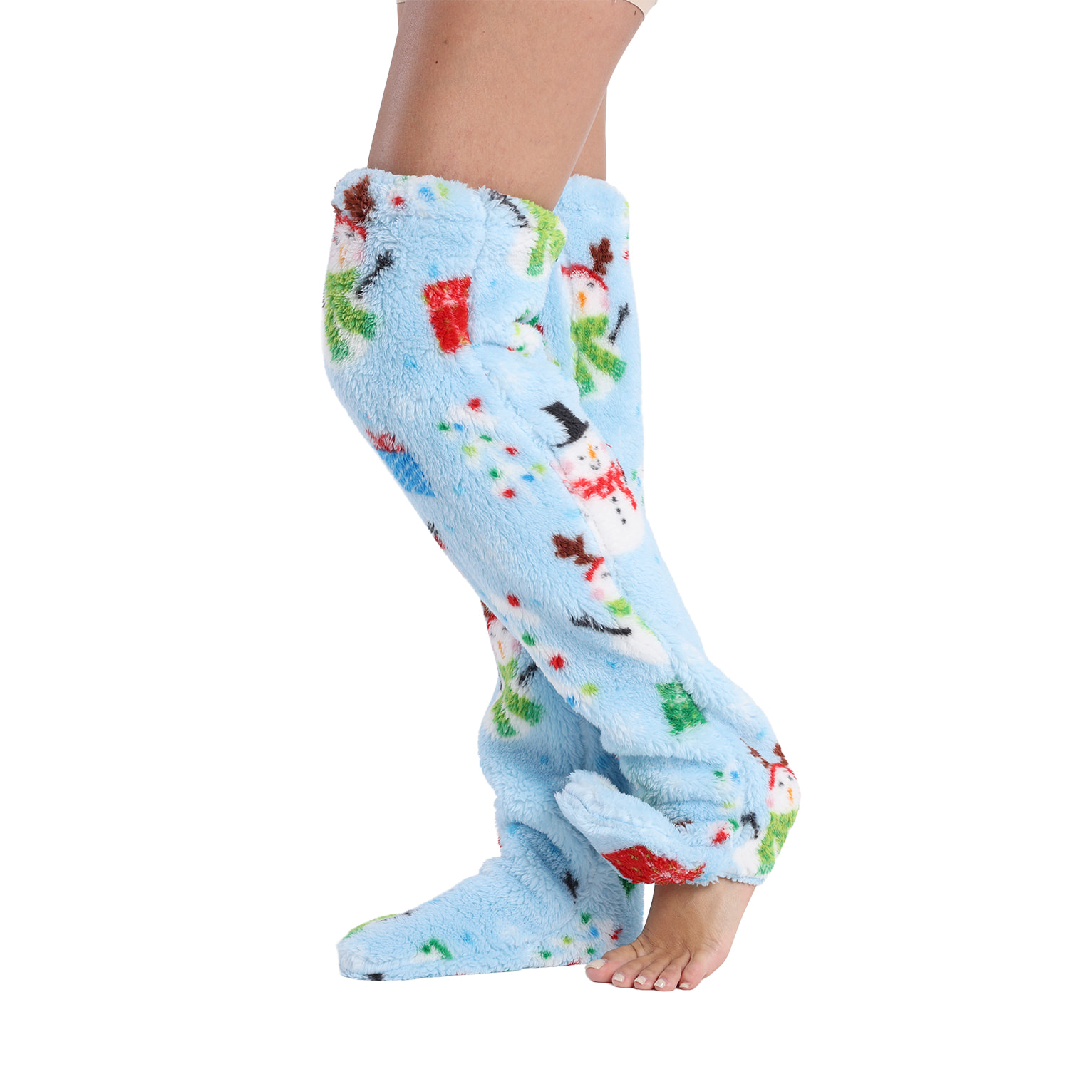 Calze lunghe in peluche extra morbido. Lunghezza di 75 cm. Design natalizio blu.