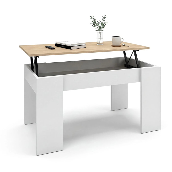 Mesa de centro elevable con almacenaje en blanco artik y roble canadian 90x43-53 cm Norak Blanco Artik (Blanco Mate) - Roble Canadian