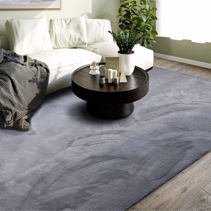 Tapis salon faux uni poils ras, tissé polyester confortable, anano
